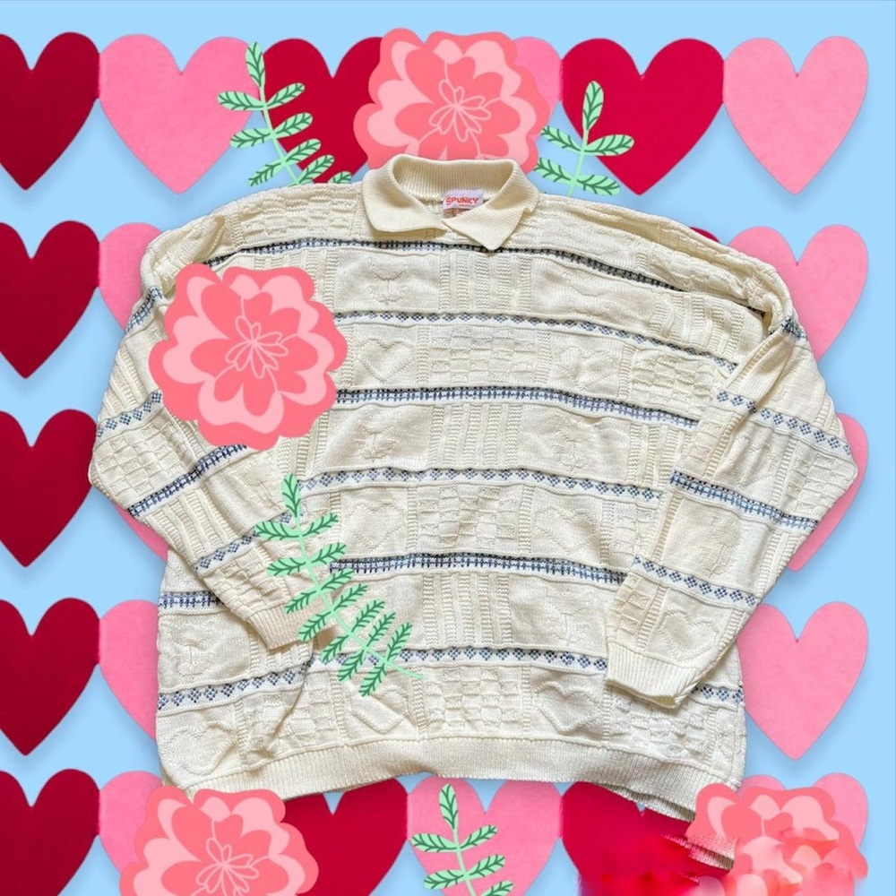 Spunky brand white and blue sweater with collar and beautiful embroidery on it!